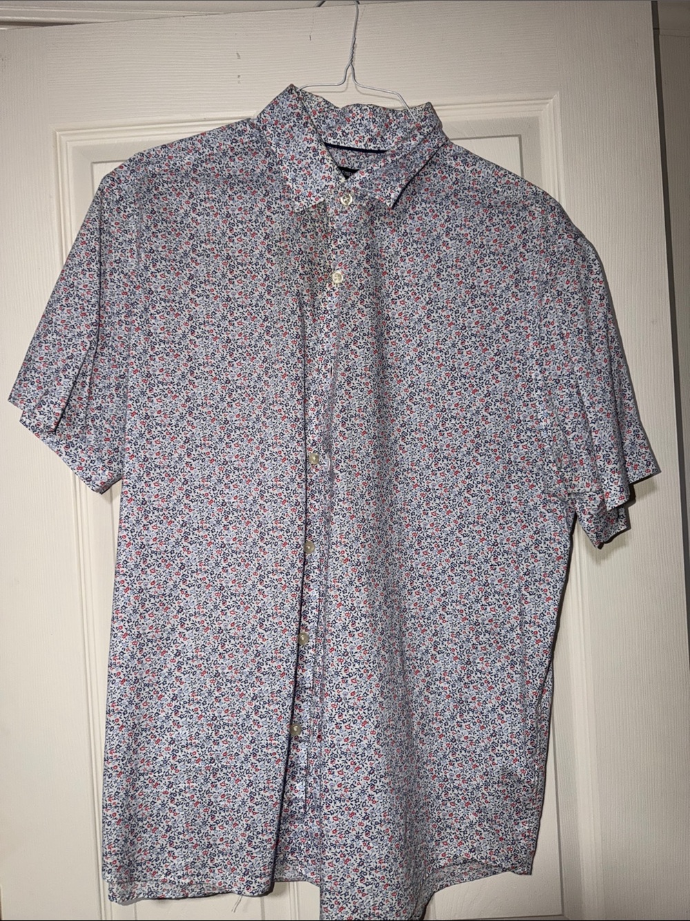 Men's Short-Sleeve Floral Button-Up Shirt - White with Blue & Red Print